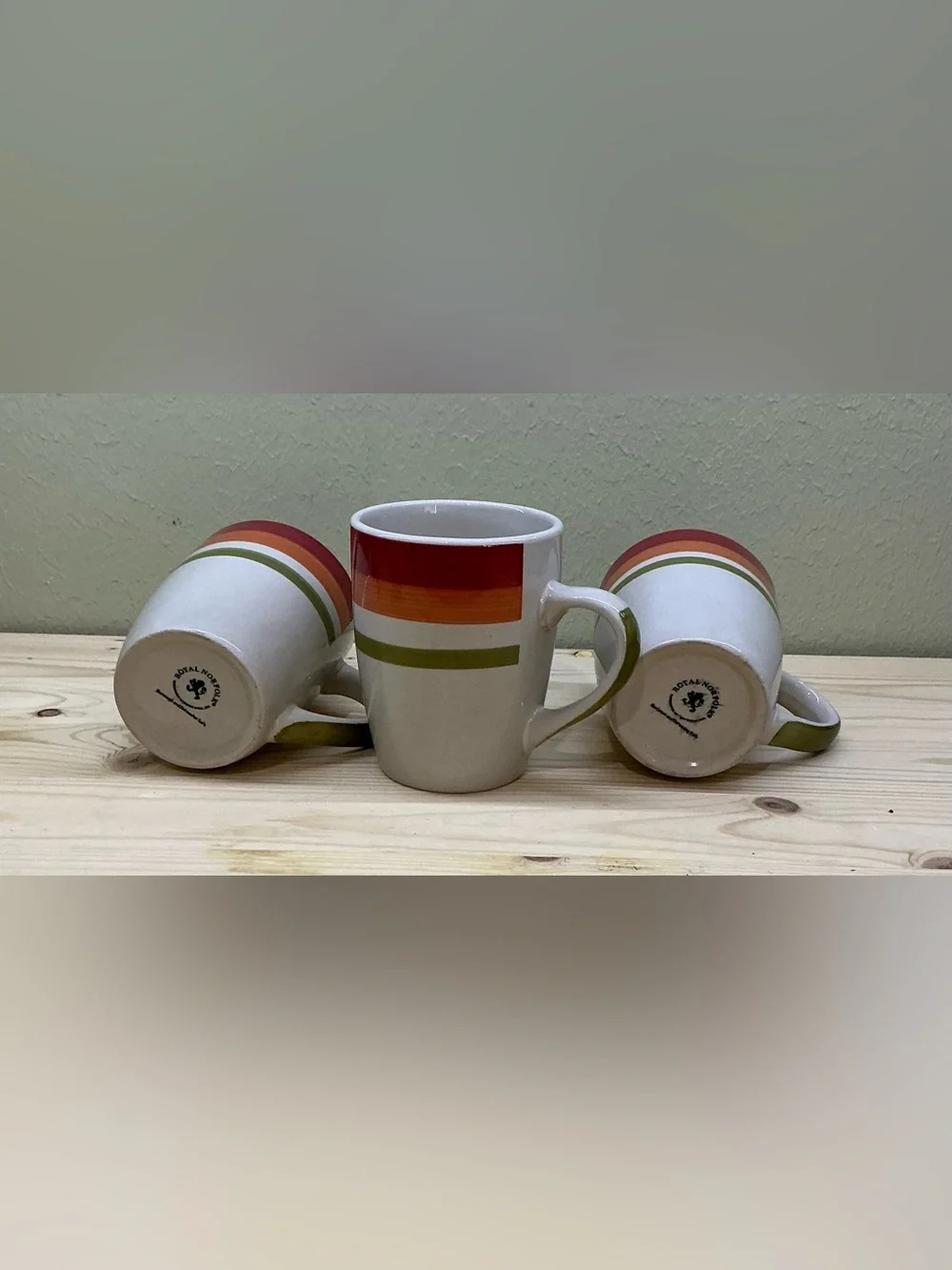 Vtg Royal Norfolk Stoneware Coffee Mugs Set Of 3 Red Orange Green Stripe Retro